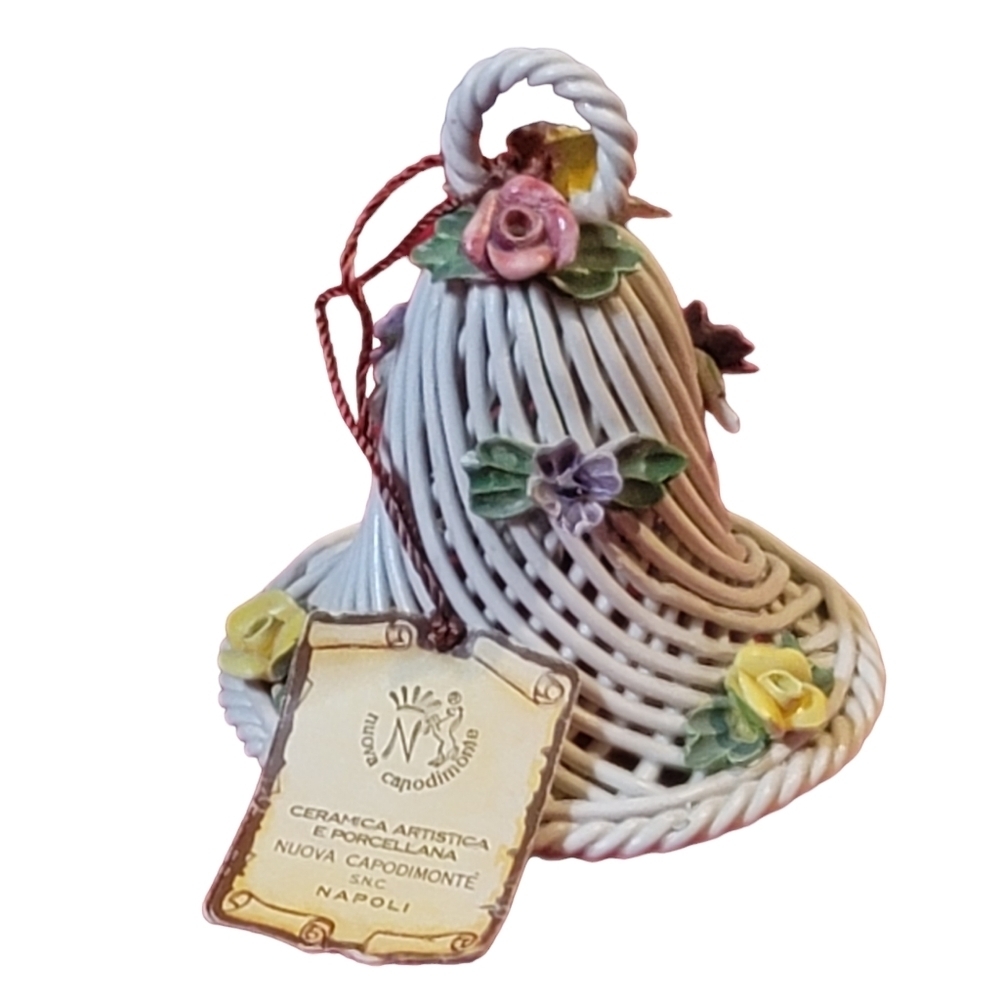 Vintage Nuova Capodimonte Italian Mallocia Woven Porcelain Ceramic Floral Bell